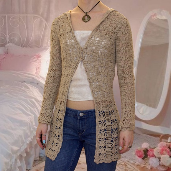 Vintage y2k boho crochet hooded cardigan - Picture 5 of 16